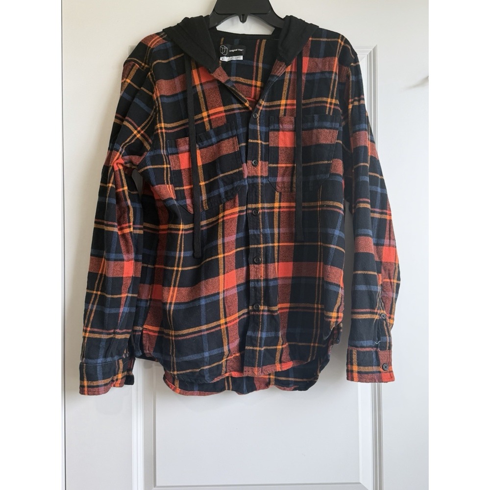Original Use Men's Long Sleeve Hooded Plaid Flannel Button Down Shirt Size Large